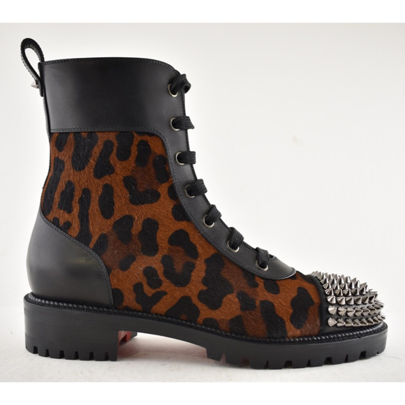 Christian Louboutin TS Croc Flat Black Leopard Pony Spike Combat Ankle Boot 38 - Picture 2 of 15